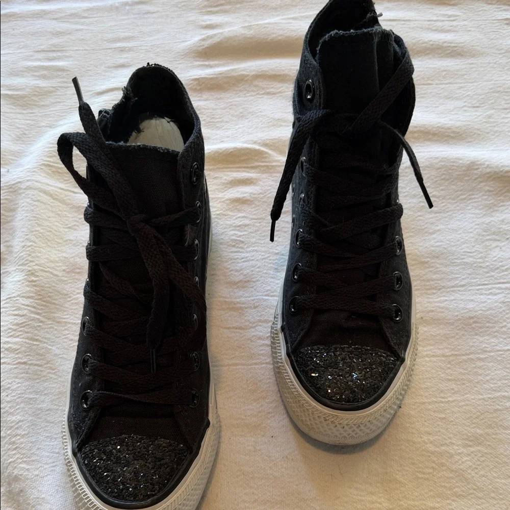 Converse Chuck Taylor All Star Black High Top Glitter Toe Zipper Kids Sneakers